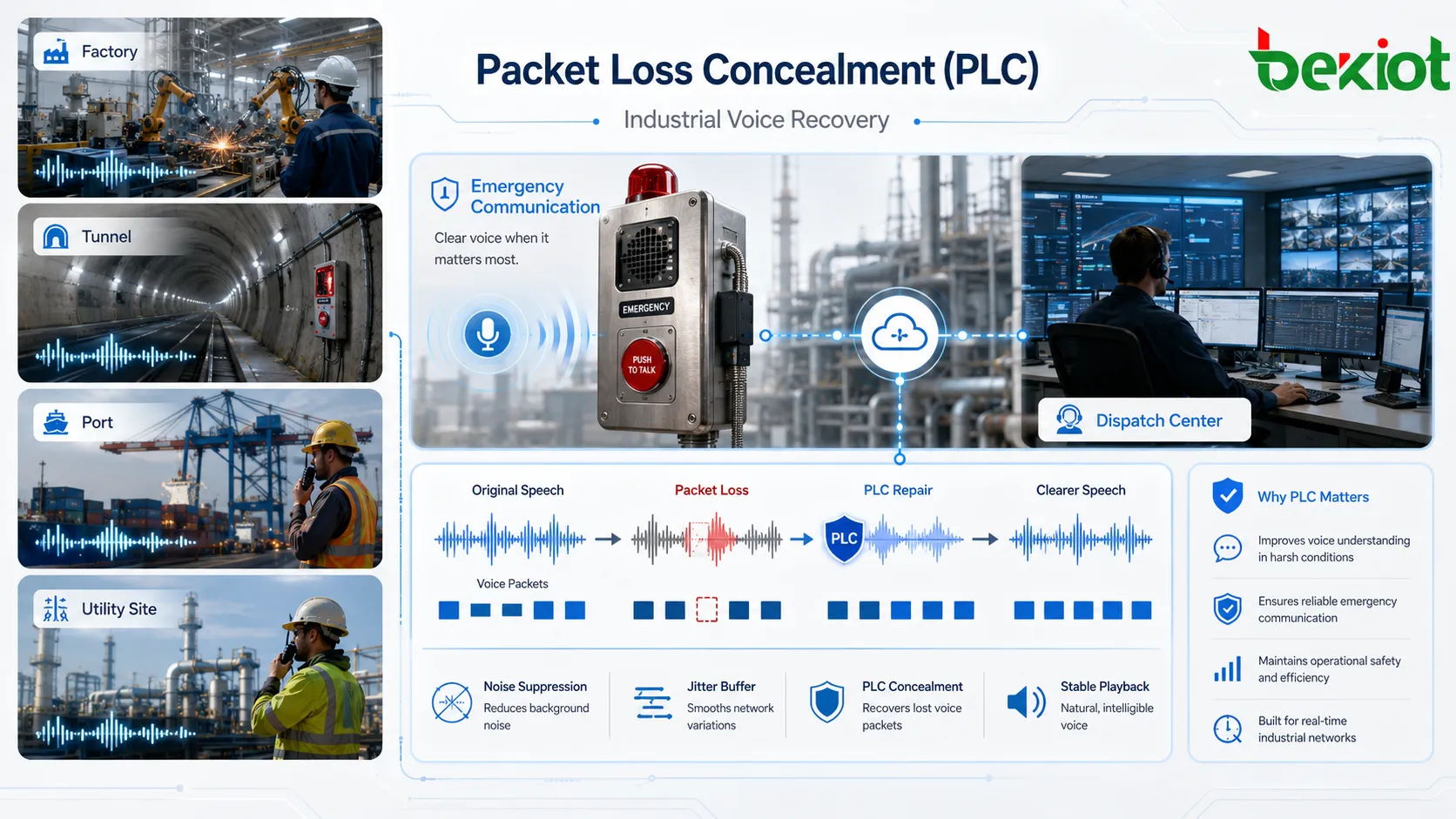 Packet Loss Concealment en comunicación industrial mostrando teléfono de emergencia intercom SIP centro de despacho fábrica ruidosa pérdida de paquetes de red y recuperación de voz más clara
