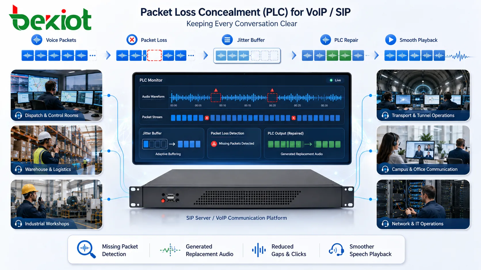 Reparación de audio con Packet Loss Concealment mostrando paquetes de voz VoIP detección de paquetes perdidos audio de reemplazo generado búfer de jitter y reproducción de voz más suave