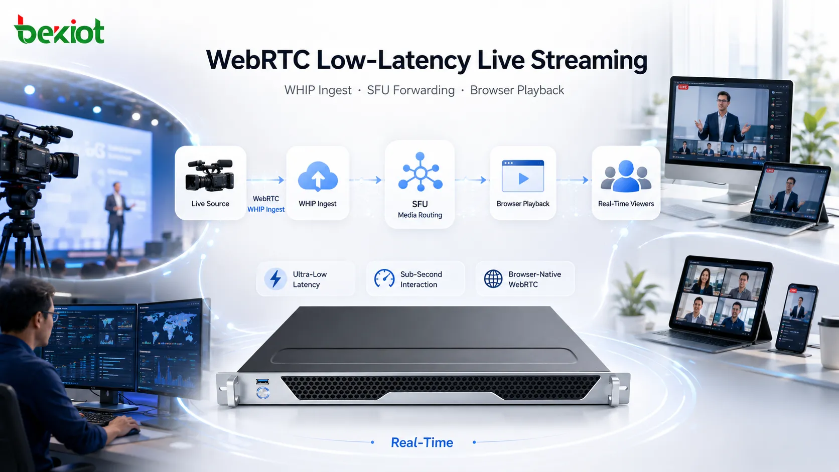 Arquitectura de streaming WebRTC de baja latencia con ingesta WHIP, enrutamiento multimedia SFU y reproducción en navegador