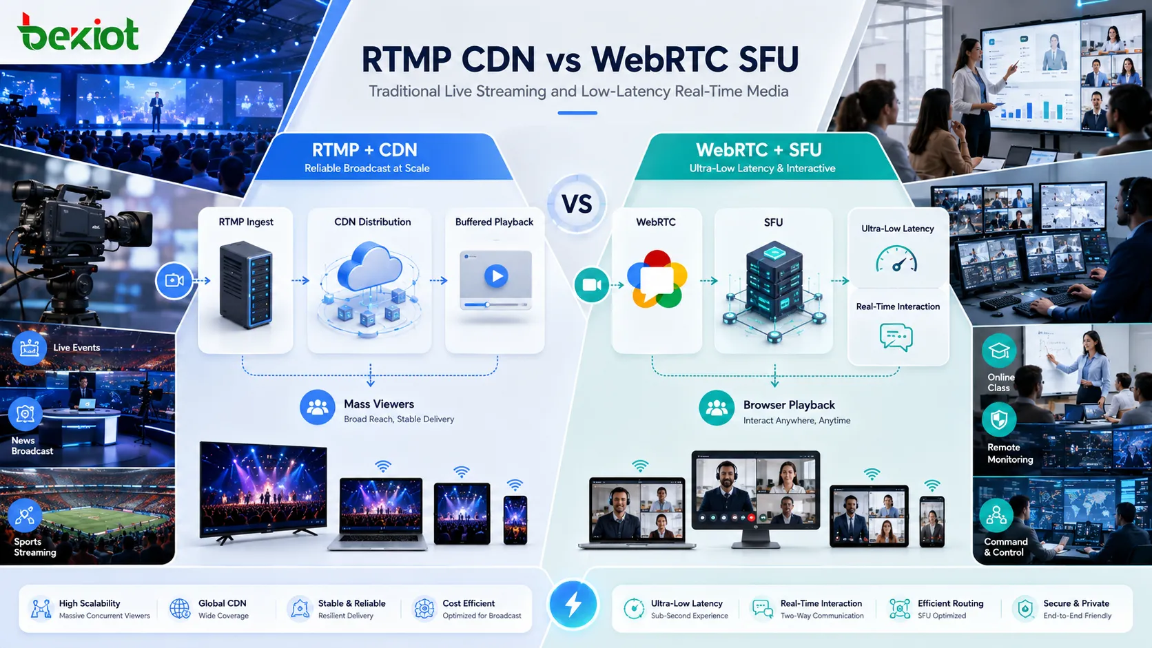 Arquitectura de streaming RTMP CDN comparada con arquitectura WebRTC SFU de baja latencia