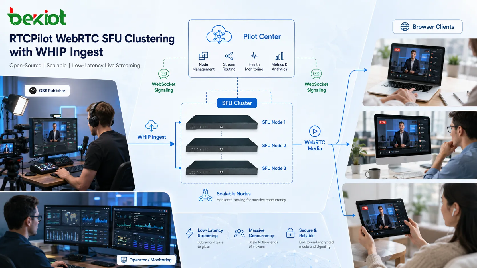 Ingesta WebRTC WHIP y arquitectura de clúster SFU con Pilot Center, nodos SFU, publicador OBS y clientes de navegador