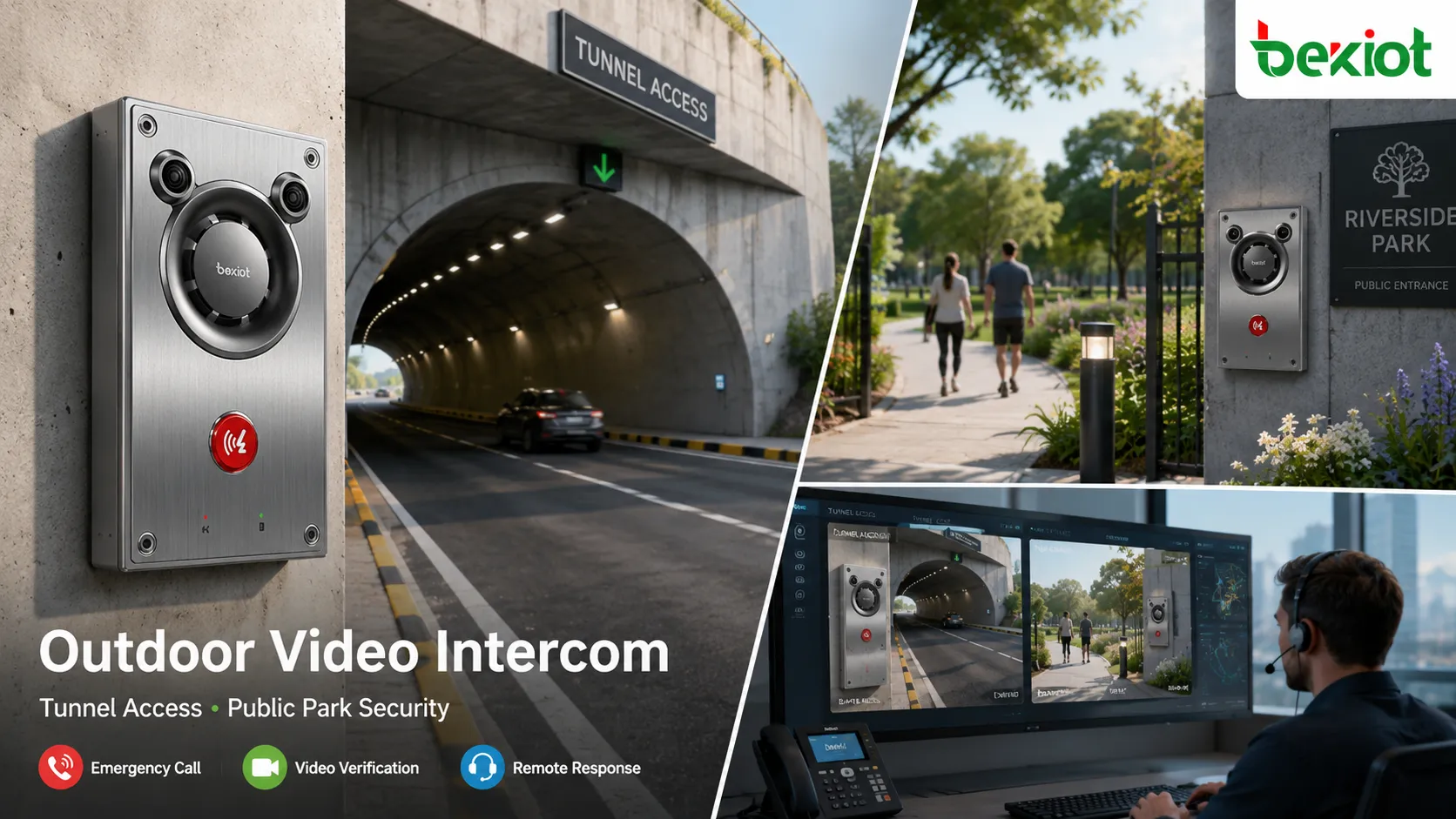 Intercomunicador de video exterior BHP-SOSA12 desplegado en un parque urbano para asistencia a visitantes y gestión centralizada de la seguridad
