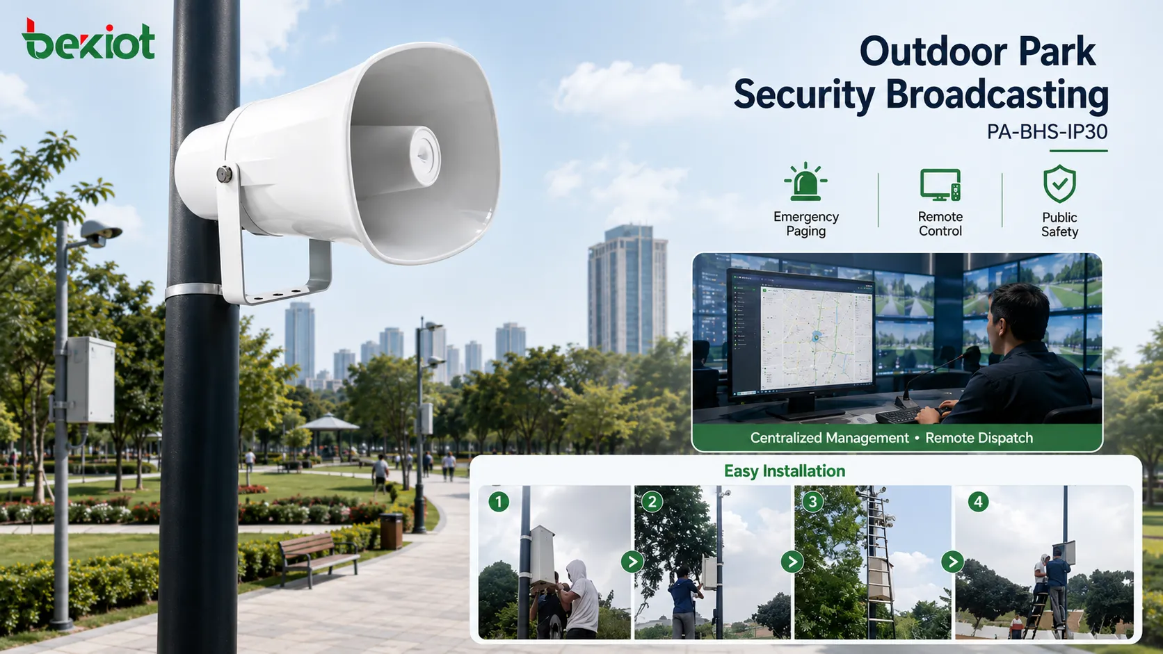 Altavoz de bocina SIP PA-BHS-IP30 instalado en un parque urbano de Indonesia para difusión exterior de emergencias y comunicación de seguridad