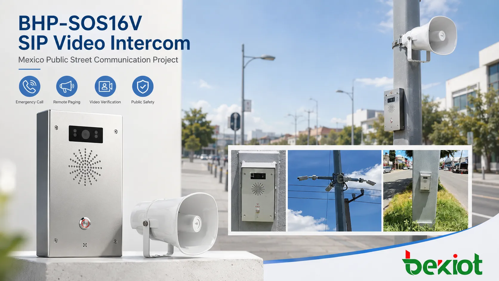 Intercomunicador de vídeo SIP BHP-SOS16V instalado en una calle pública para llamadas de emergencia y comunicación con el centro de control