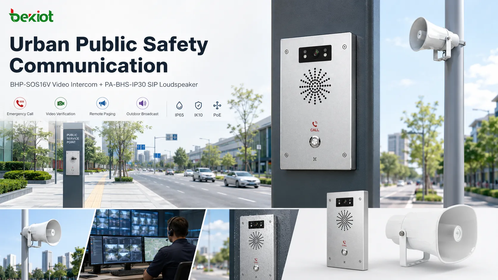 Altavoz SIP PA-BHS-IP30 instalado para anuncios exteriores en calles públicas y cobertura de difusión de emergencia