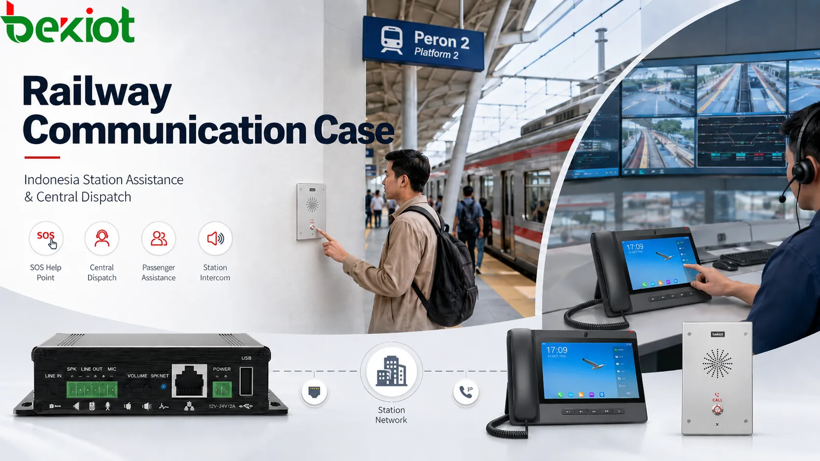 Sistema ferroviario de Becke Telcom desplegado en una estación de cercanías de Indonesia con puntos SOS y despacho del centro de supervisión
