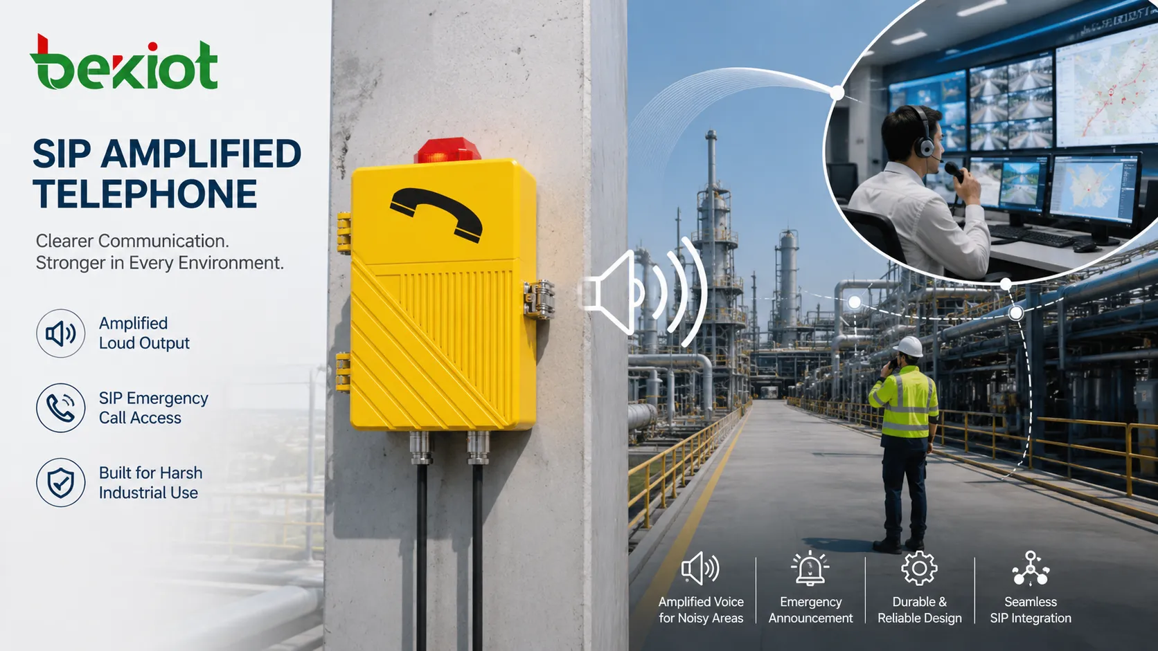 Apoyo de emergencia con teléfono SIP amplificado que muestra teléfono industrial mural operador de sala de control salida de voz potente alerta de megafonía y comunicación con trabajador de campo