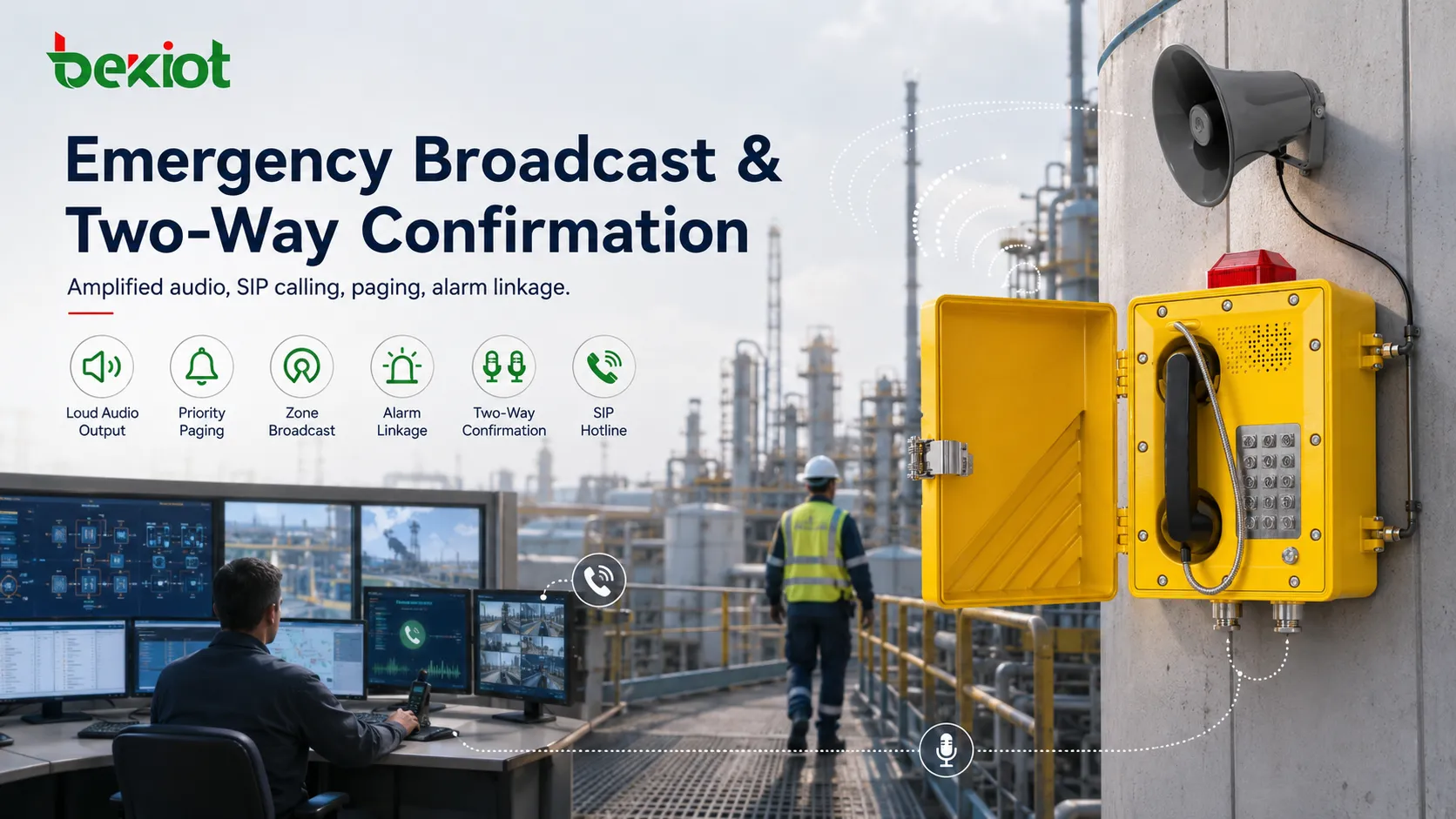 Capacidades de emergencia de un teléfono SIP amplificado con salida de audio potente llamada directa SIP avisos prioritarios difusión por zonas vinculación de alarmas y confirmación bidireccional