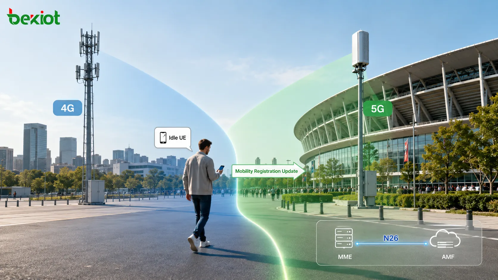 Movilidad en reposo de 4G a 5G mostrando al UE desplazándose de la cobertura LTE eNodeB a la cobertura 5G gNodeB con la interfaz N26 entre MME y AMF y la actualización de registro por movilidad