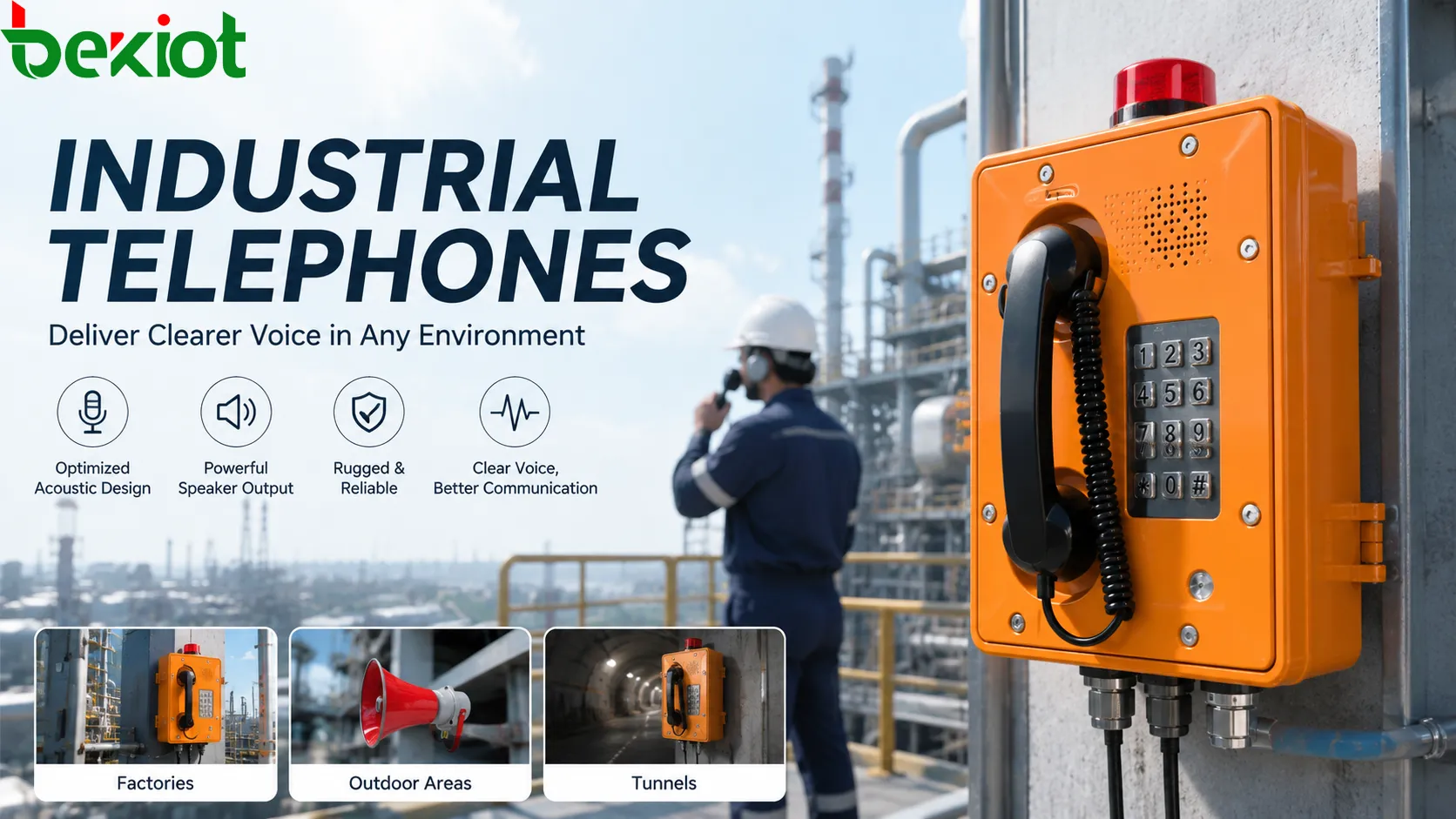 Teléfono industrial mejorando la claridad de voz en una fábrica ruidosa, con trabajador usando un auricular robusto junto a maquinaria y operador de sala de control recibiendo voz más clara