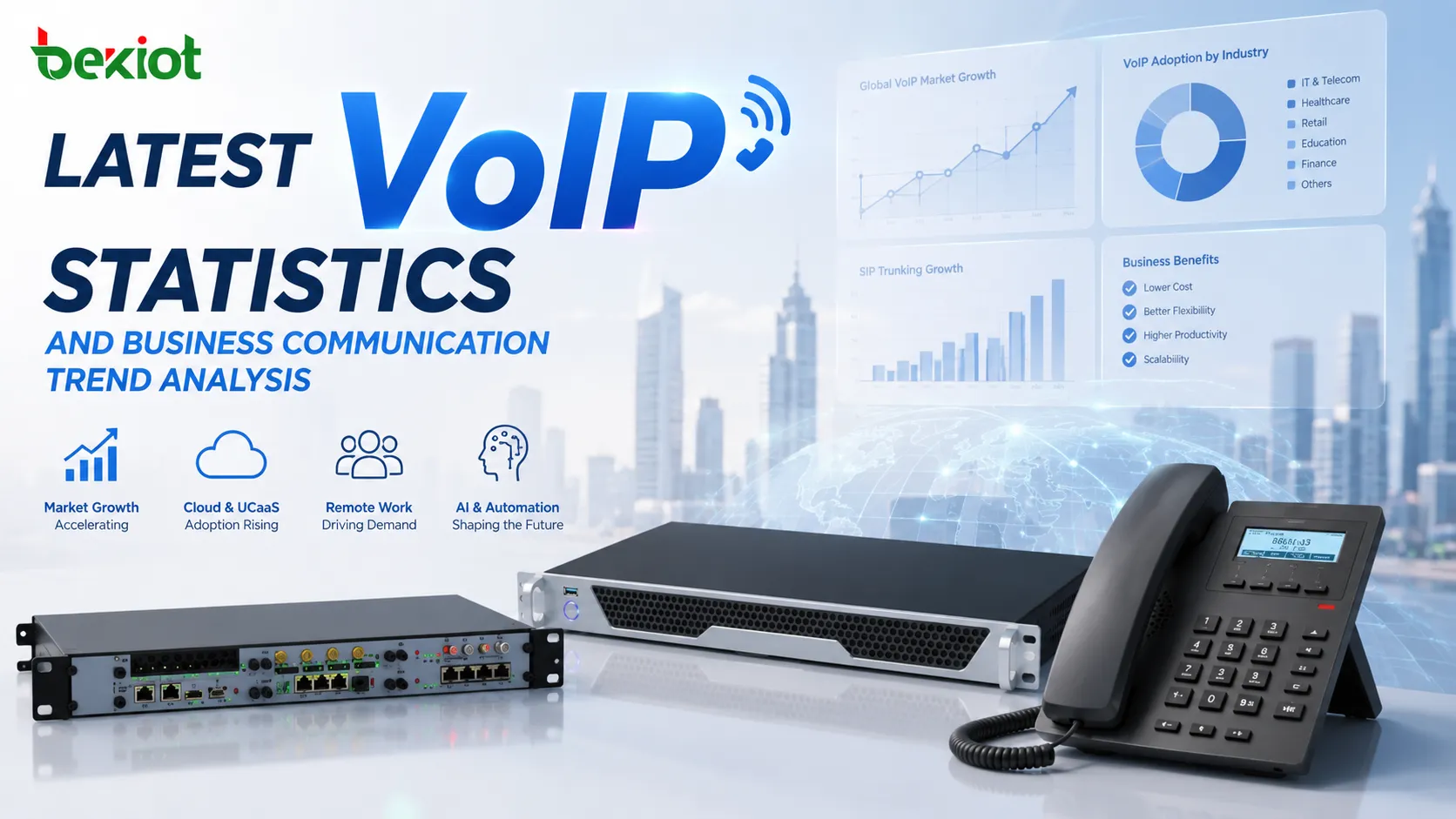 Estadísticas de VoIP mostrando crecimiento de comunicación empresarial en telefonía en la nube, troncales SIP, trabajo remoto, comunicaciones unificadas y plataformas de voz con IA