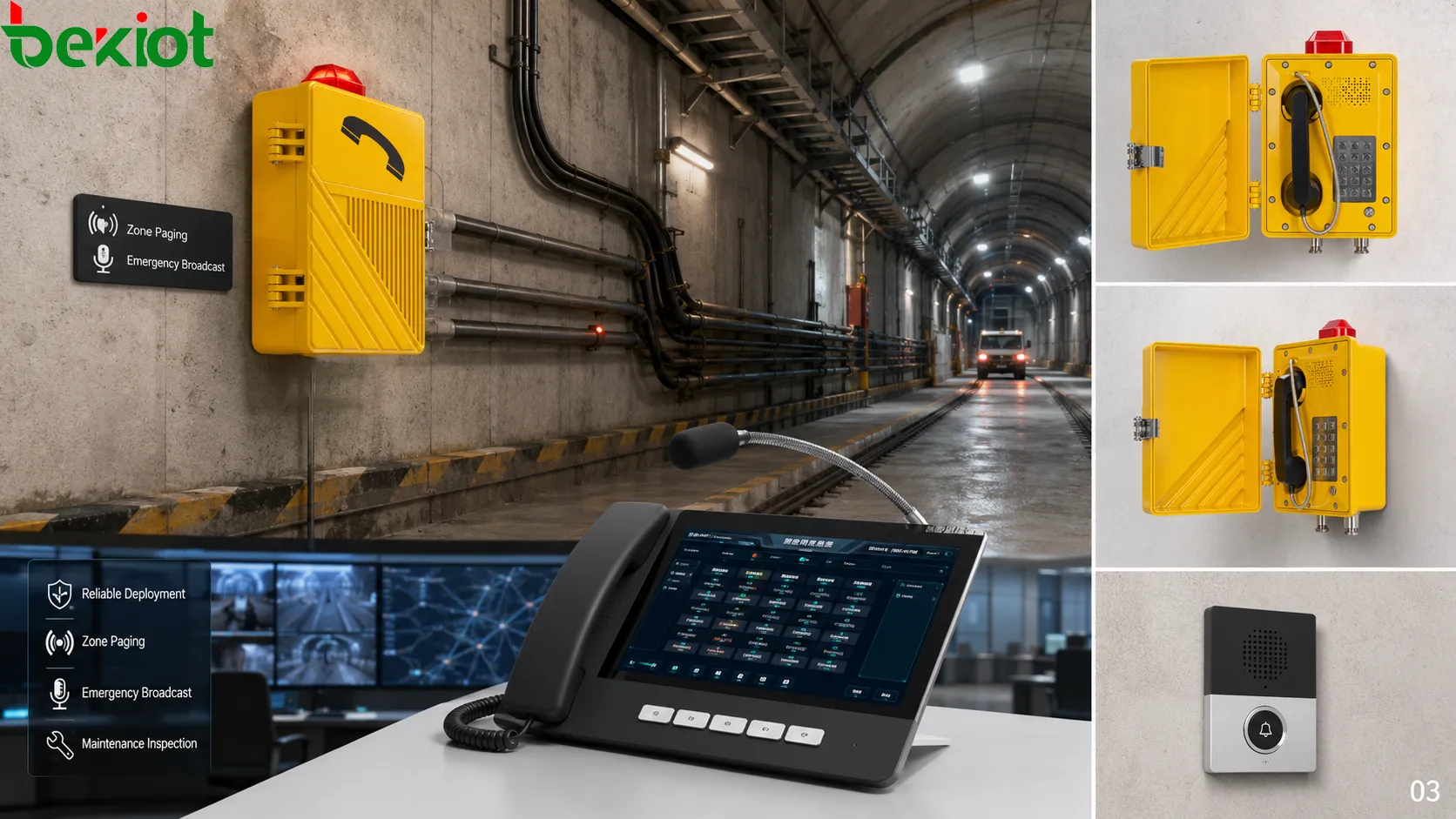 Despliegue de una estación de megafonía antideflagrante con megafonía por zonas peligrosas, operador de sala de control, red PoE, entrada de alarma, cobertura de altavoces e inspección de mantenimiento