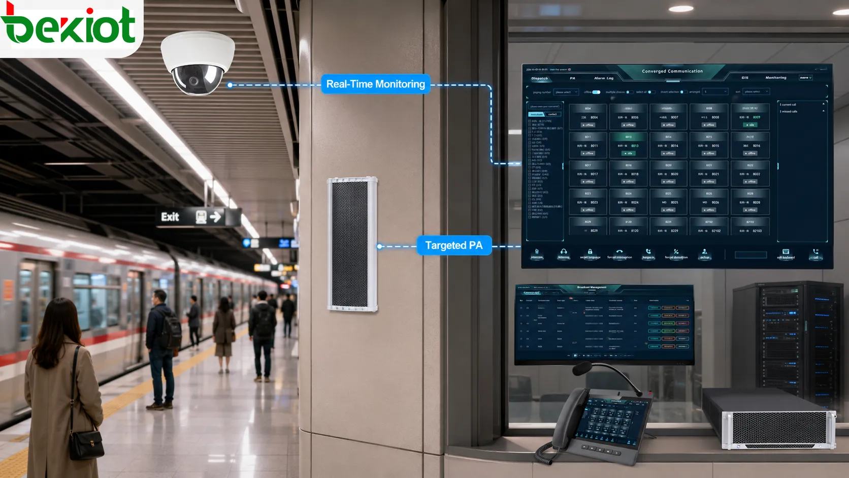 Cámara de estación de metro conectada a un sistema digital de megafonía para supervisión de seguridad en tiempo real y anuncios dirigidos
