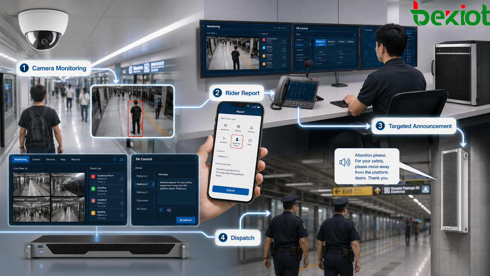 Flujo de trabajo de megafonía digital para la seguridad de una estación de metro con supervisión por cámara, aviso desde una aplicación, anuncio dirigido y despacho de agentes