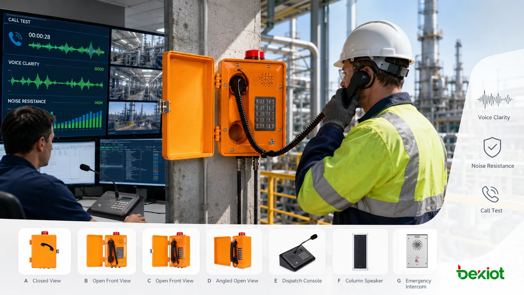 Prueba de calidad de voz de un teléfono industrial en una fábrica con teléfono robusto de pared, trabajador, operador de sala de control, ruido de maquinaria y lista de comprobación de audio