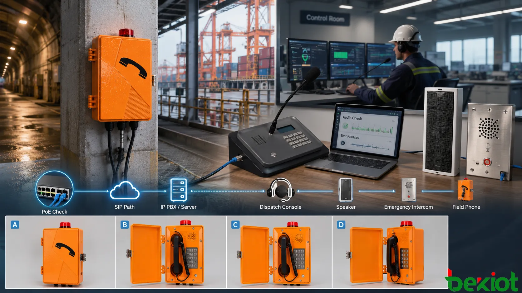 Preparación de prueba de audio de teléfono industrial con frases de prueba, registro SIP, ruta de red, auriculares de sala de control, revisión de línea analógica y fuente de ruido real