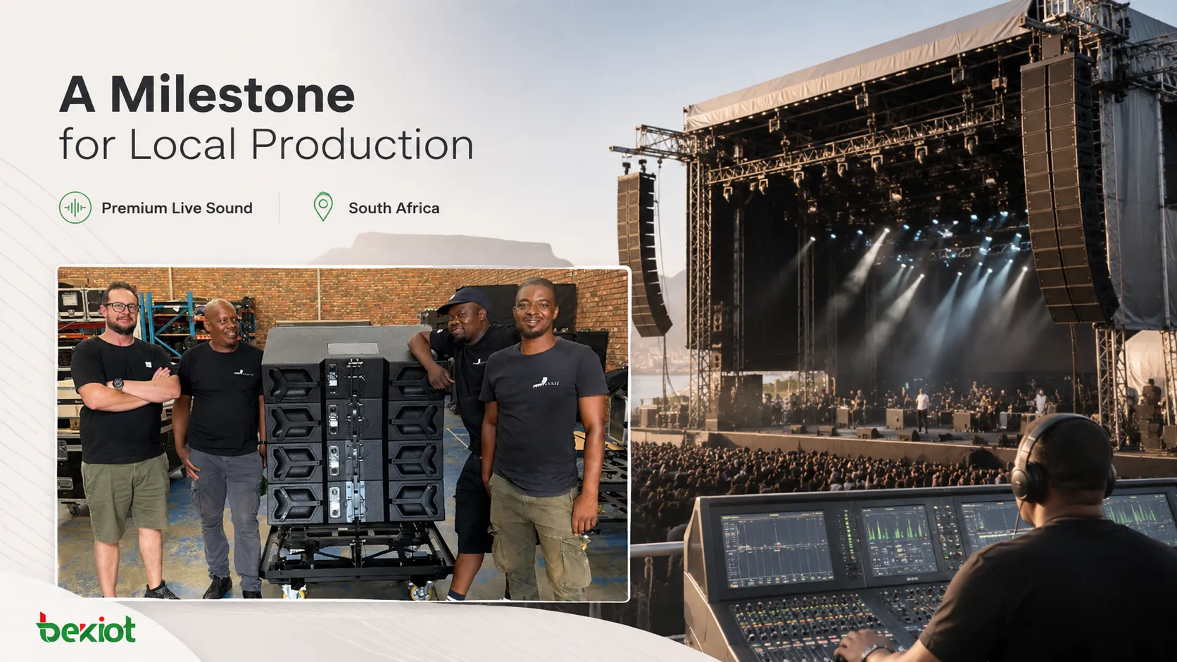 Empresa sudafricana de sonido en directo desplegando un sistema line array d&b KSL para un gran escenario de concierto