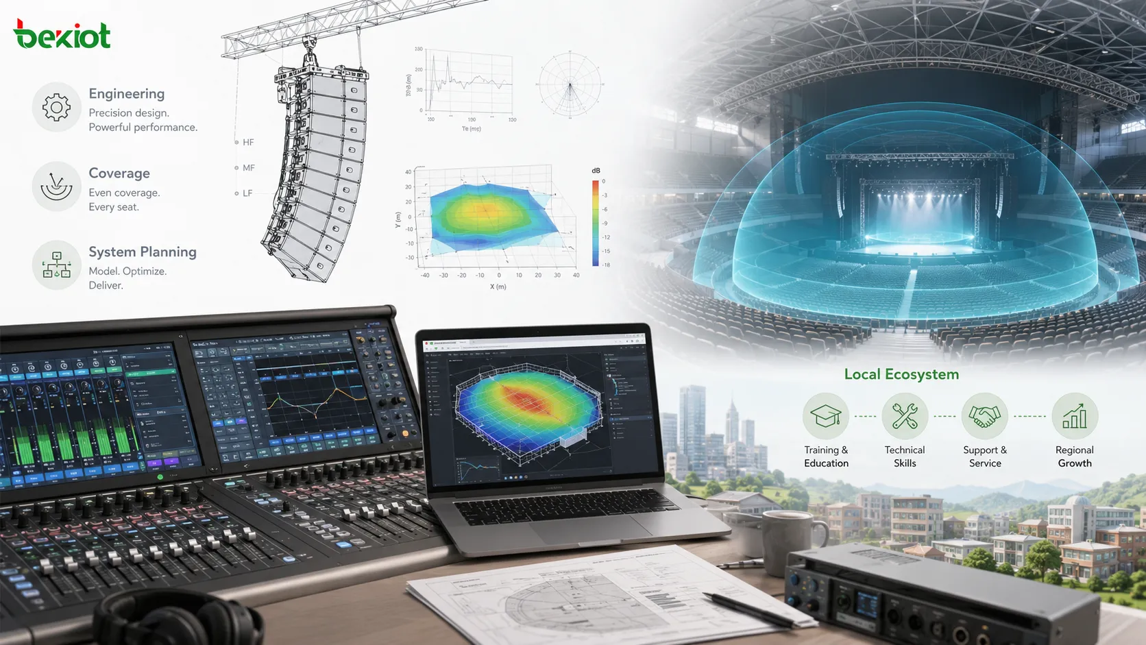 Sistema de sonido en directo de alta gama dando cobertura line array y soporte de ingeniería de audio a un recinto de conciertos sudafricano