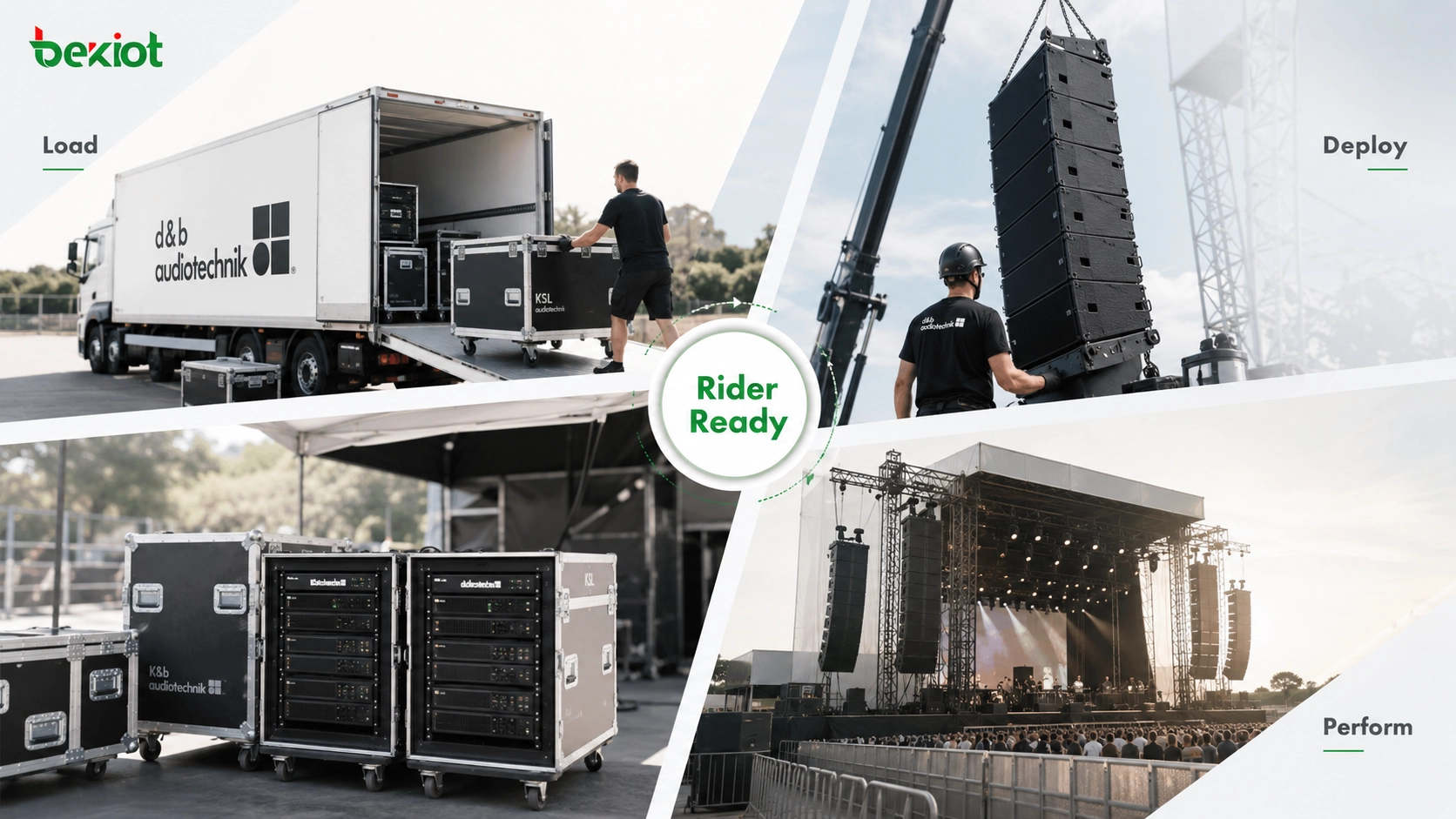 Equipo de producción de gira preparando un sistema PA aceptado por riders con módulos line array, amplificadores y control de audio de escenario