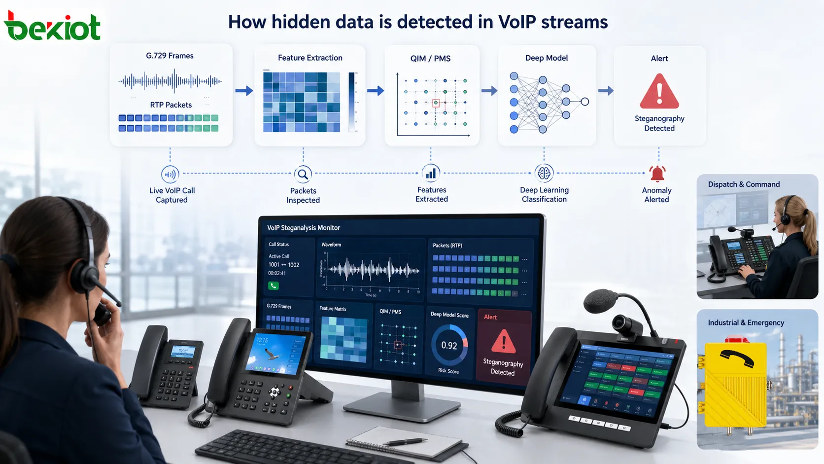 Flujo de estegoanálisis VoIP con tramas de voz G.729, extracción de características estadísticas, detección de patrones QIM y PMS, clasificación mediante red neuronal profunda y supervisión de seguridad en tiempo real