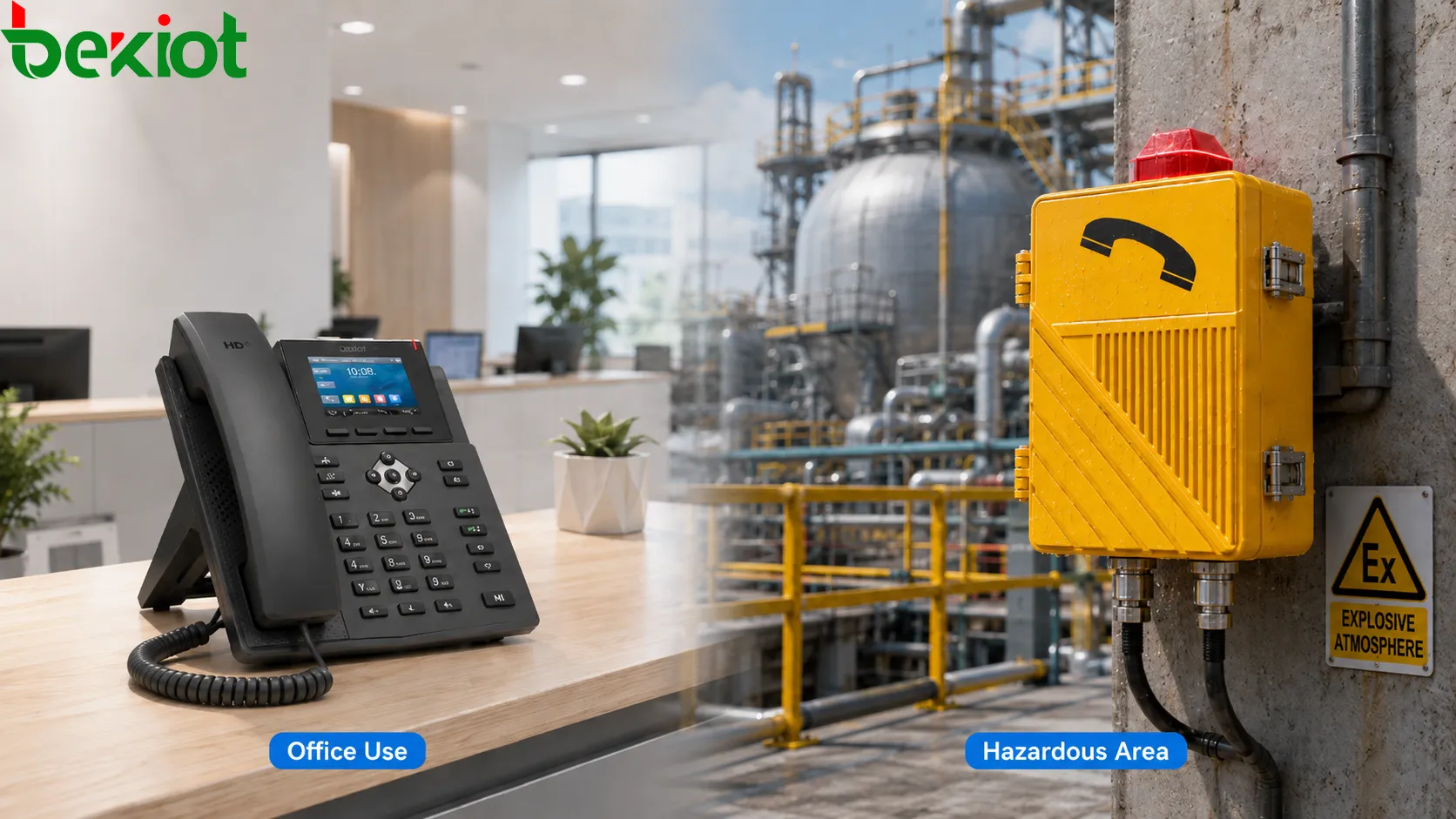 Comparación entre teléfono antideflagrante y teléfono convencional con zona industrial peligrosa, escritorio de oficina, sala de control, planta química, mina, túnel y finalidad de comunicación segura
