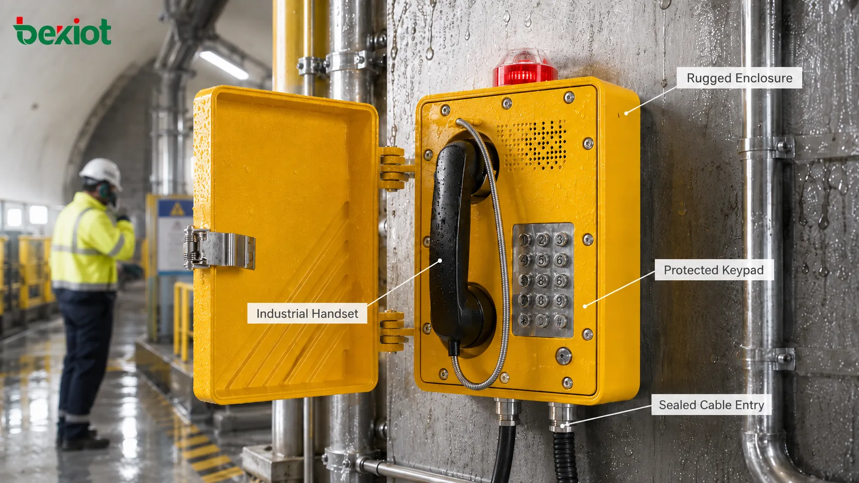 Estructura resistente de teléfono antideflagrante con carcasa metálica robusta, teclado protegido, auricular industrial, prensaestopas sellado, rejilla de altavoz e instalación en un entorno severo