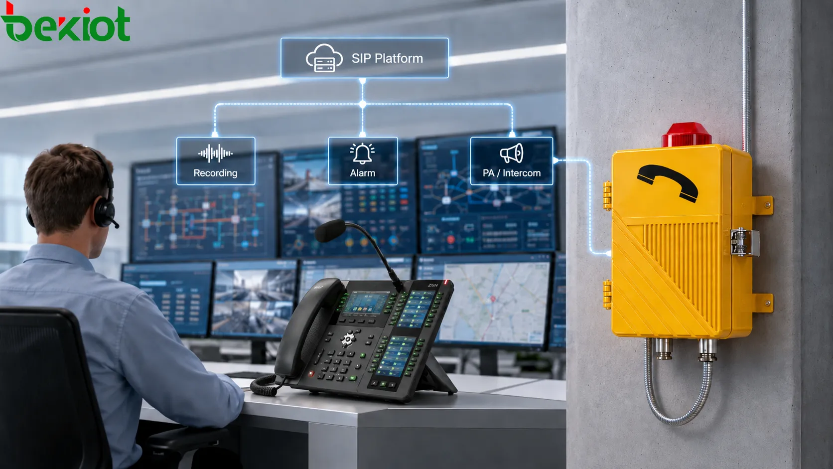 Integración de sistema de teléfono antideflagrante con teléfono de zona peligrosa conectado a consola de despacho, plataforma SIP, enlace de alarmas, servidor de grabación y operador de sala de control