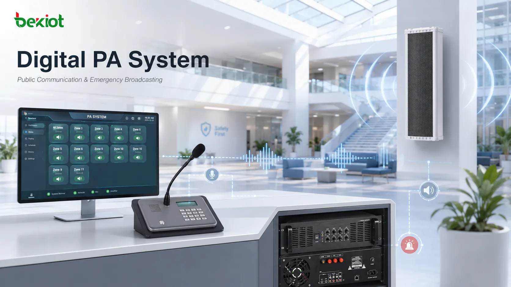 Arquitectura de un sistema PA digital con micrófono, amplificador, altavoces de red IP, host de control, difusión de emergencia y zonas de megafonía