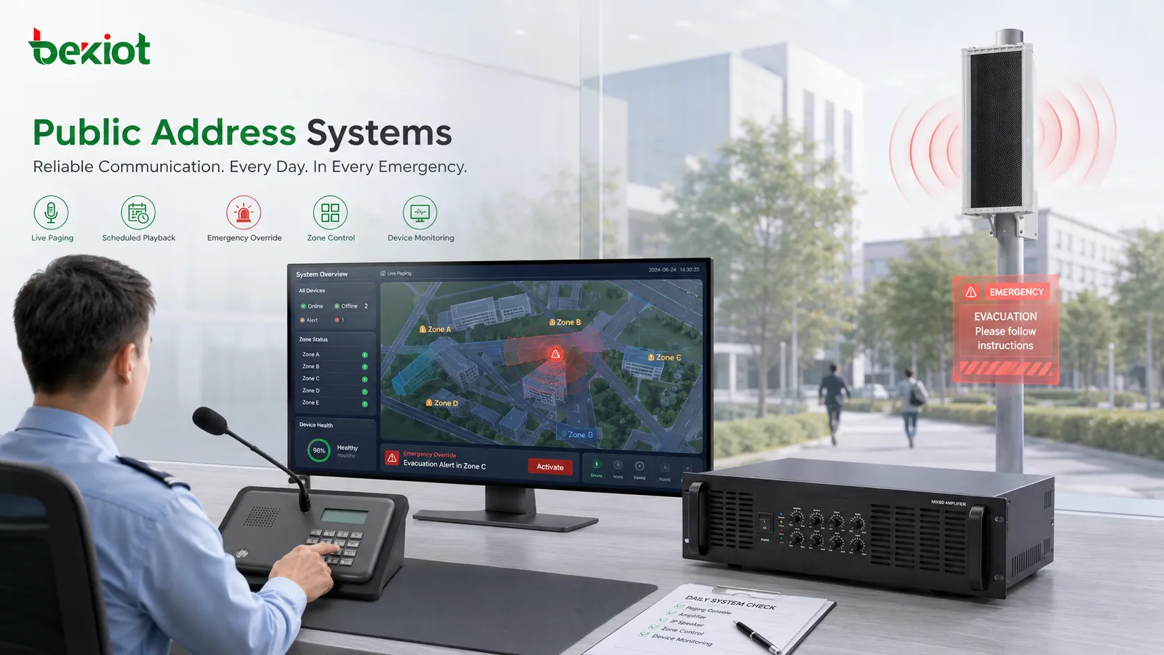 Selección de equipos para un sistema de megafonía con micrófono de sala de control, amplificador IP, altavoz de techo, altavoz de bocina, pantalla digital y vinculación con alarma de emergencia