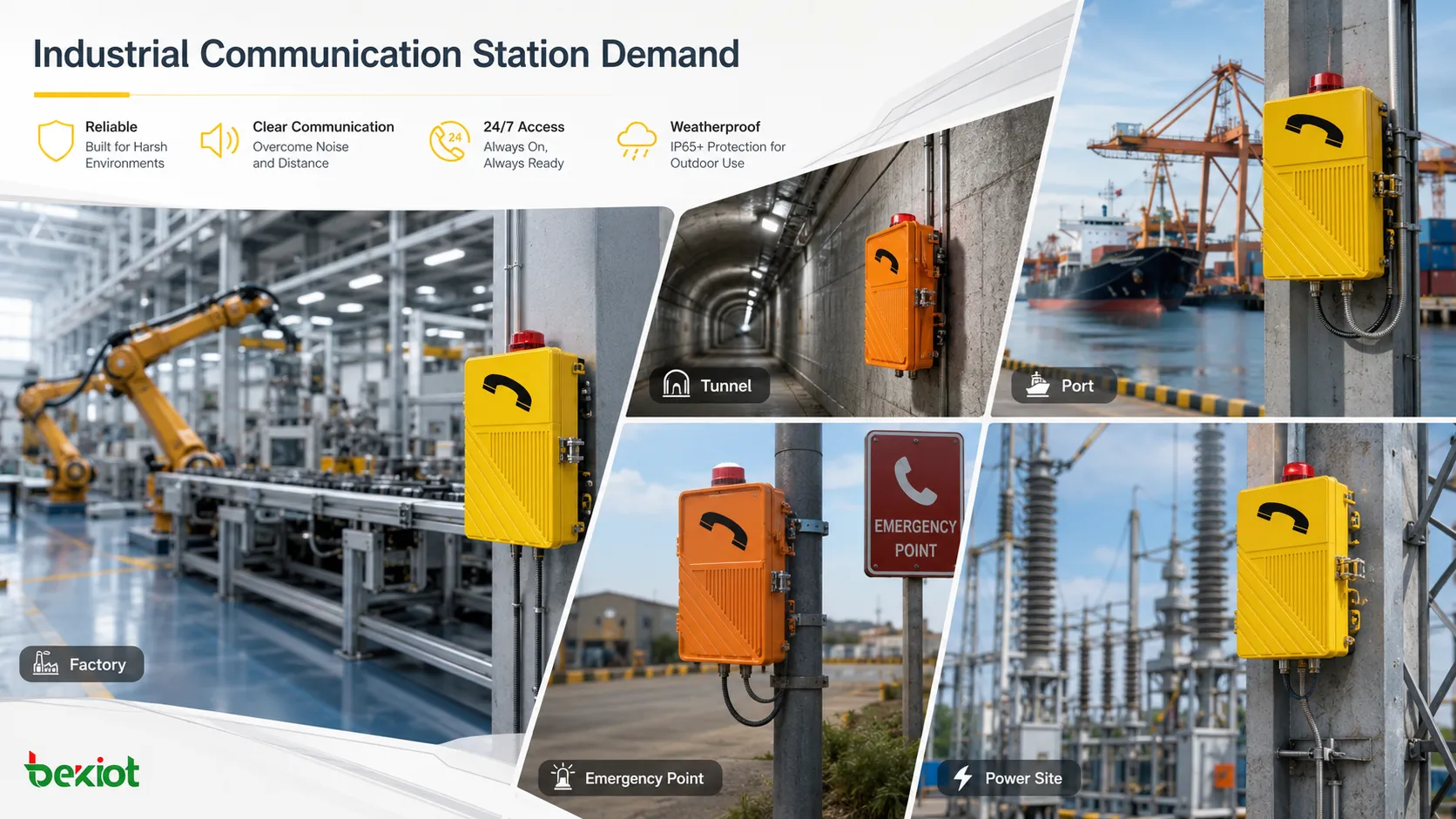 Estaciones de comunicación industrial utilizadas en fábricas, túneles, minas, puertos, instalaciones eléctricas y patios exteriores, con acceso de voz robusto, conexión con despacho y punto de ayuda de emergencia