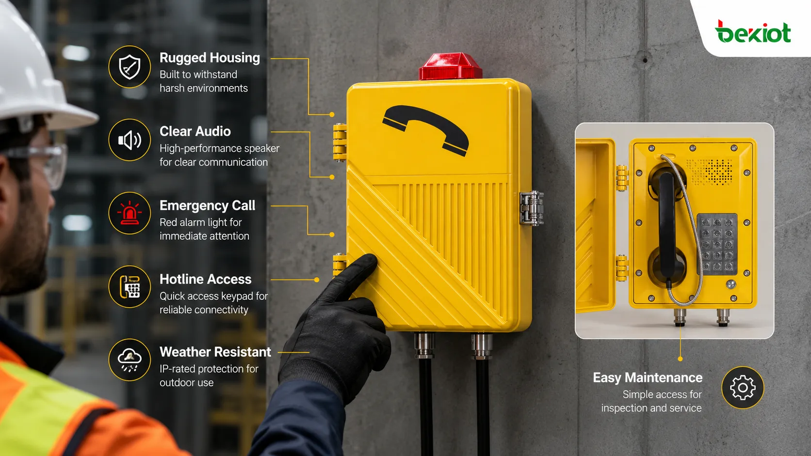 Funciones diferenciales de una estación de comunicación industrial: carcasa robusta, auricular de audio claro, llamada de emergencia con un botón, interfaz SIP, enlace con alarmas e instalación resistente a la intemperie