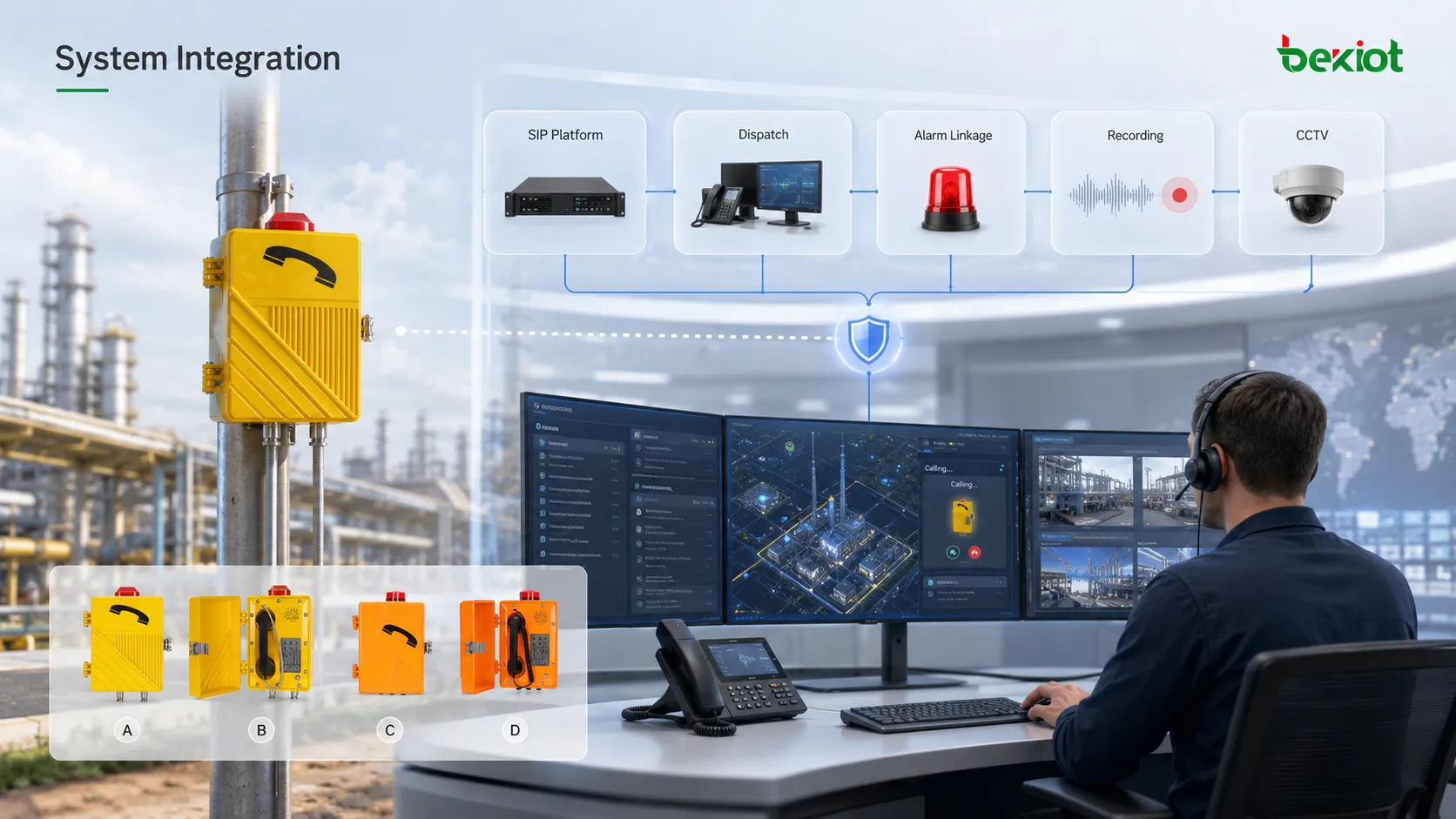 Integración de una estación de comunicación industrial con plataforma SIP, consola de despacho, enlace de alarmas, servidor de grabación, IP PBX, estación exterior y operador de sala de control