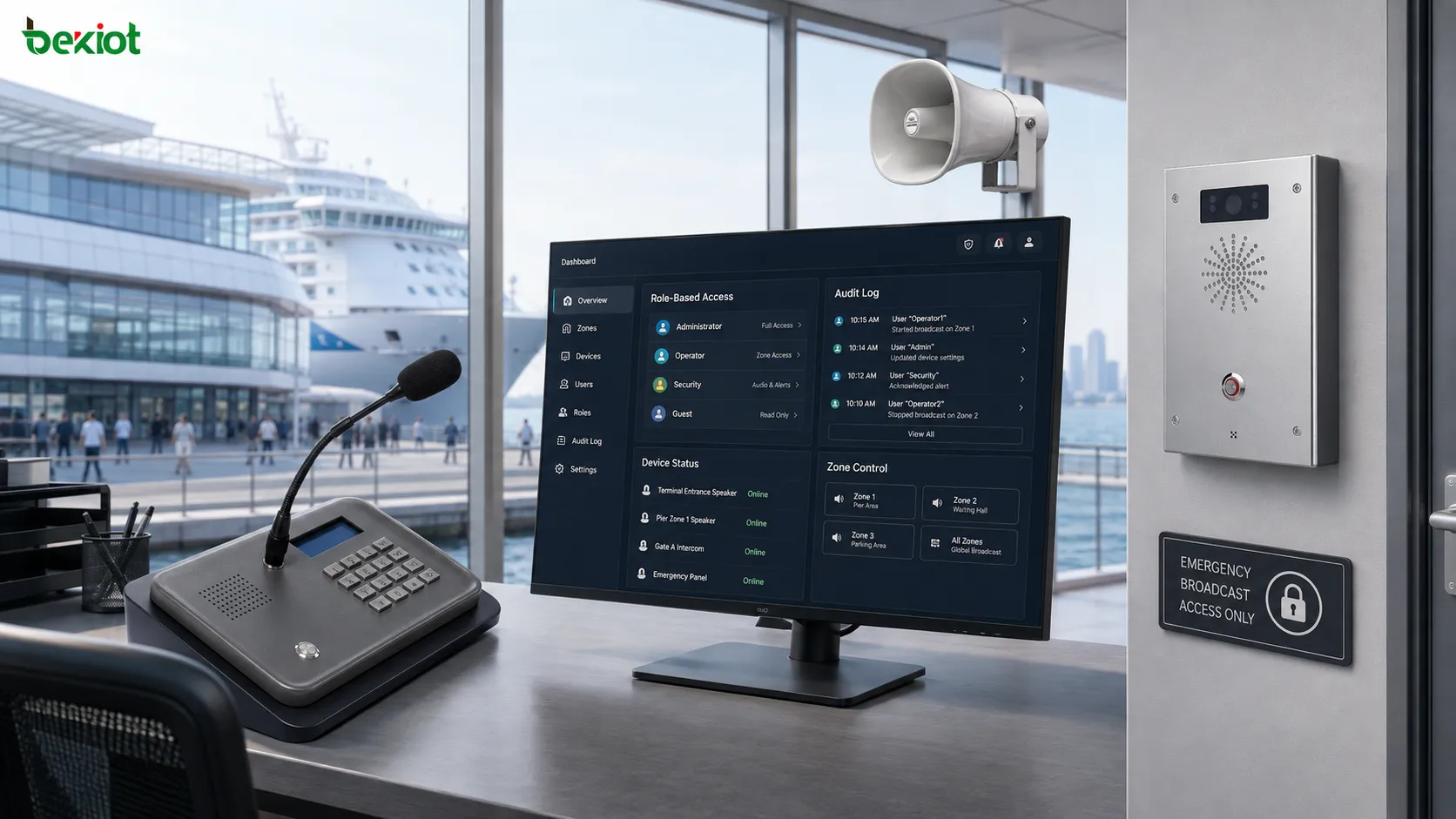 Centro de control de seguridad de un sistema de megafonía con acceso basado en roles, registro de auditoría, permisos de emergencia y dispositivos de difusión