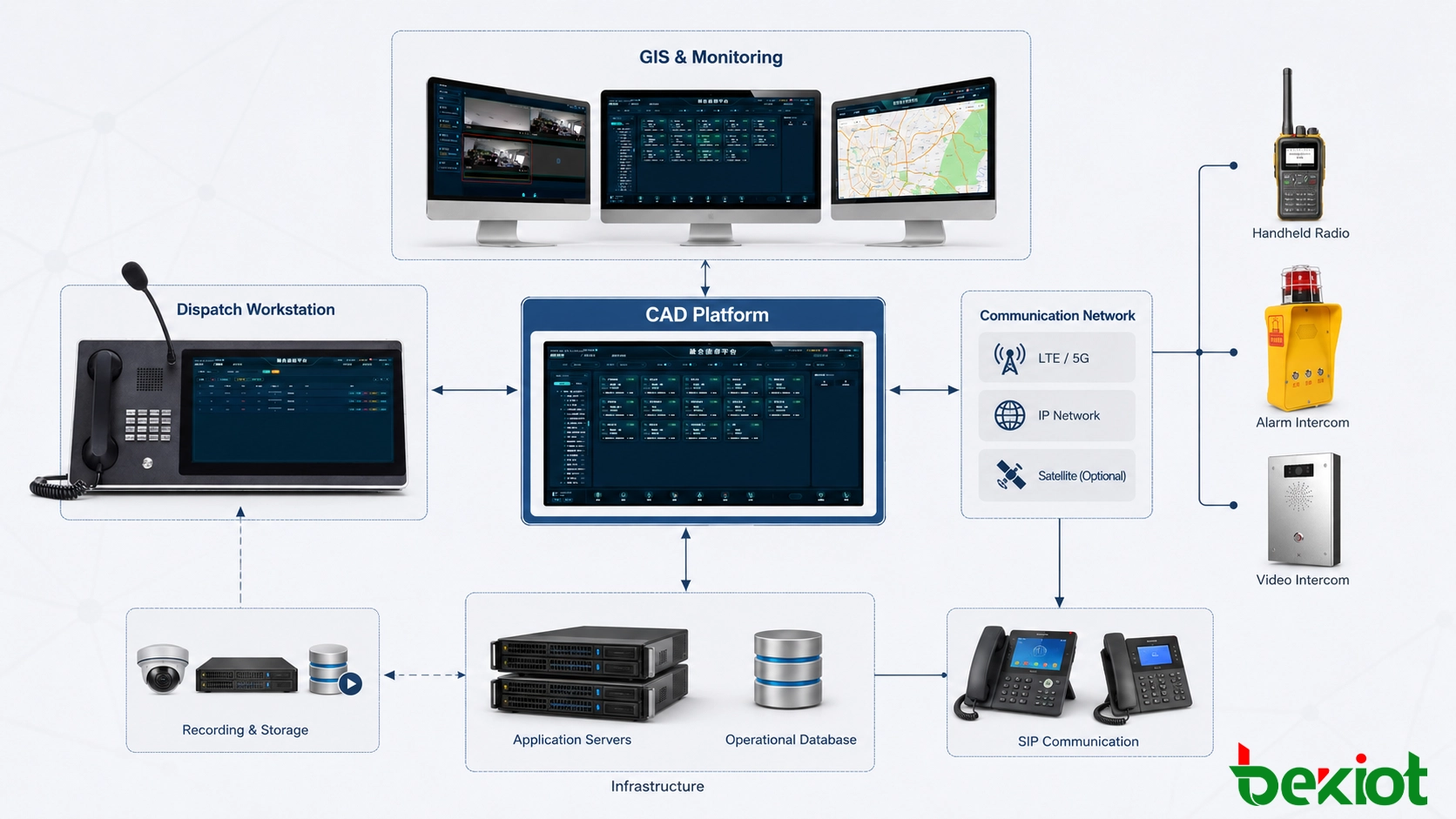 Arquitectura del sistema CAD conectando estaciones de trabajo de despacho, servidores de aplicaciones, mapas GIS, redes de comunicación, sistemas de grabación y terminales móviles de campo
