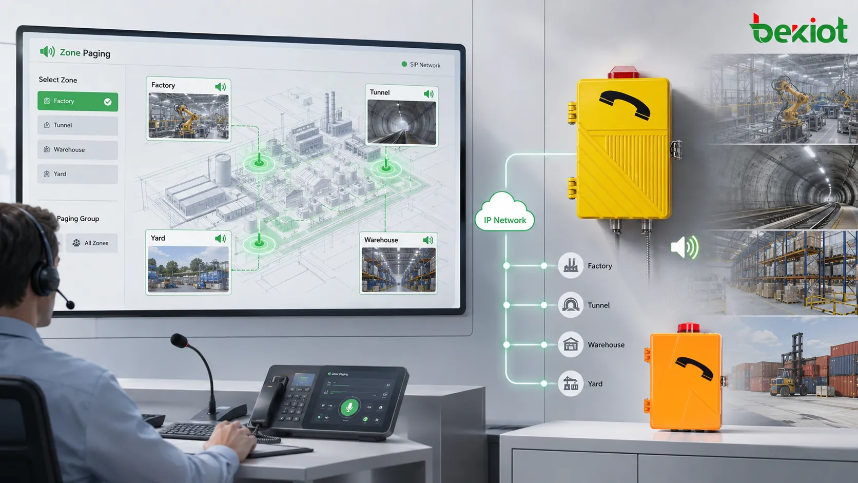 Difusión multizona con teléfono SIP amplificado, operador de sala de control seleccionando zonas de fábrica, tramo de túnel, patio exterior y áreas de megafonía de almacén mediante red IP