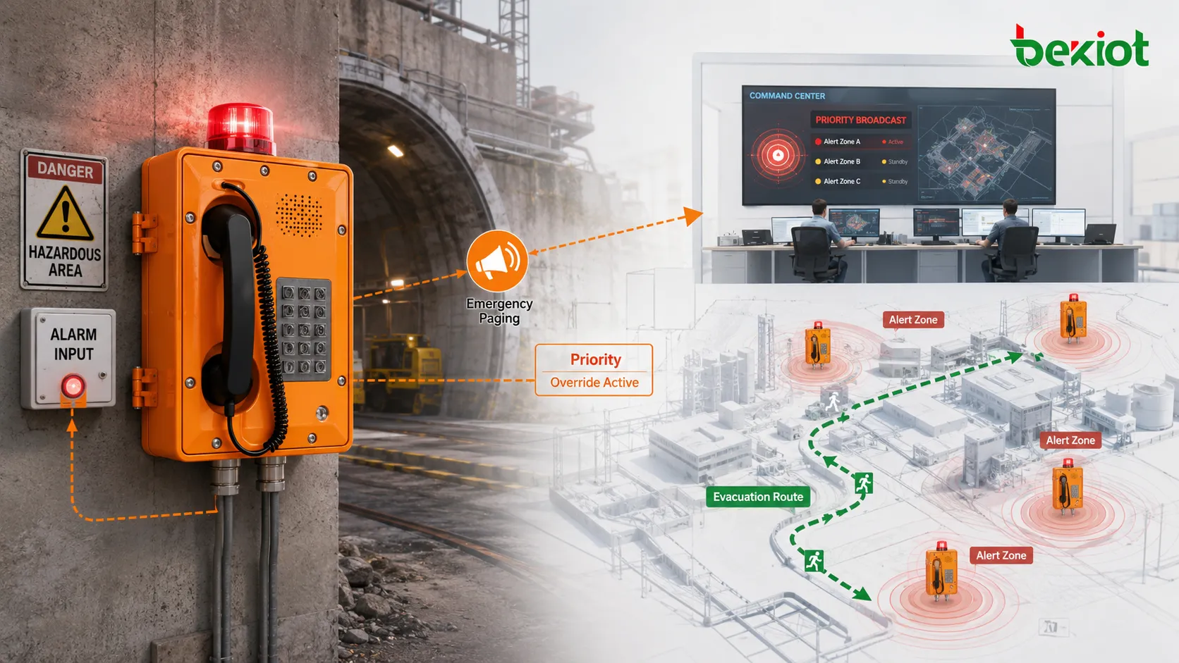 Megafonía de emergencia por zonas con teléfono SIP amplificado, entrada de alarma, difusión prioritaria, ruta de evacuación, terminales de altavoz en zona peligrosa y coordinación del centro de mando