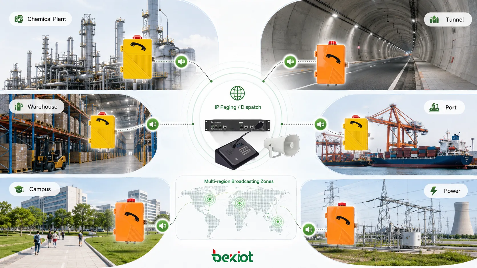 Aplicaciones de teléfonos SIP amplificados en planta química, túnel, almacén, puerto, campus, instalación eléctrica y zonas de difusión multizona