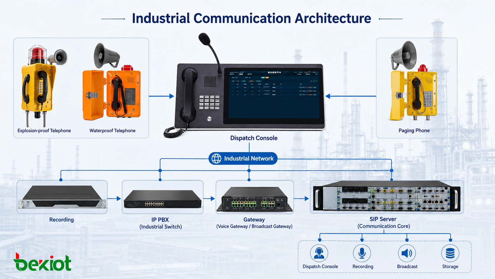 Arquitectura de comunicación industrial con teléfonos antideflagrantes, switches industriales, servidores SIP, consolas de despacho, plataformas de grabación y sistemas de radiodifusión