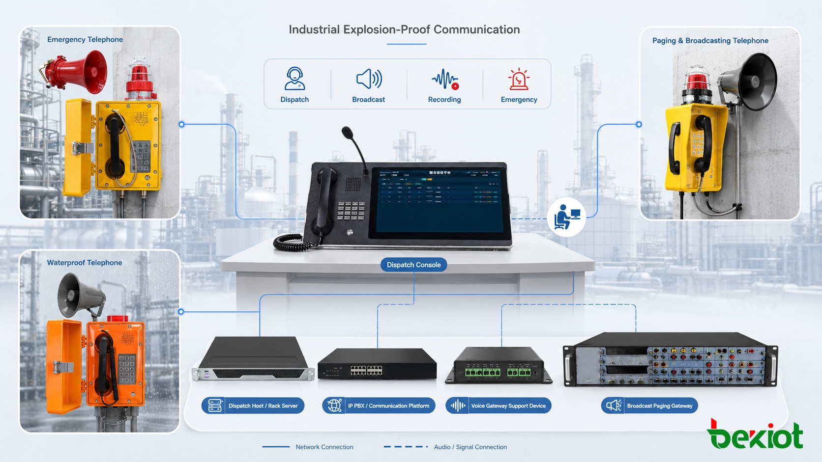 Sistema de comunicación industrial antideflagrante que conecta teléfonos de zonas peligrosas, consolas de despacho, radiodifusión, grabación y recursos de respuesta ante emergencias