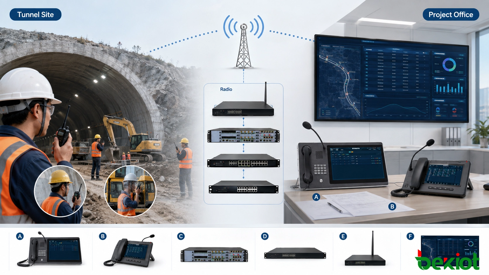 Red de comunicación para construcción de túneles que conecta a usuarios de radio de campo con el centro de comando del proyecto