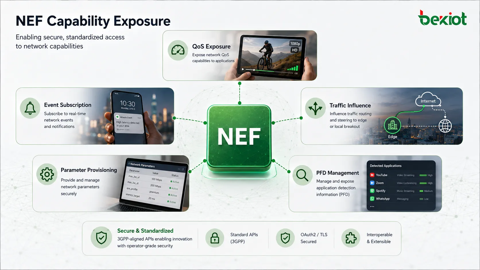 Exposición de capacidades del NEF en 5GC con QoS, suscripción a eventos, influencia de tráfico, provisión de parámetros y gestión PFD