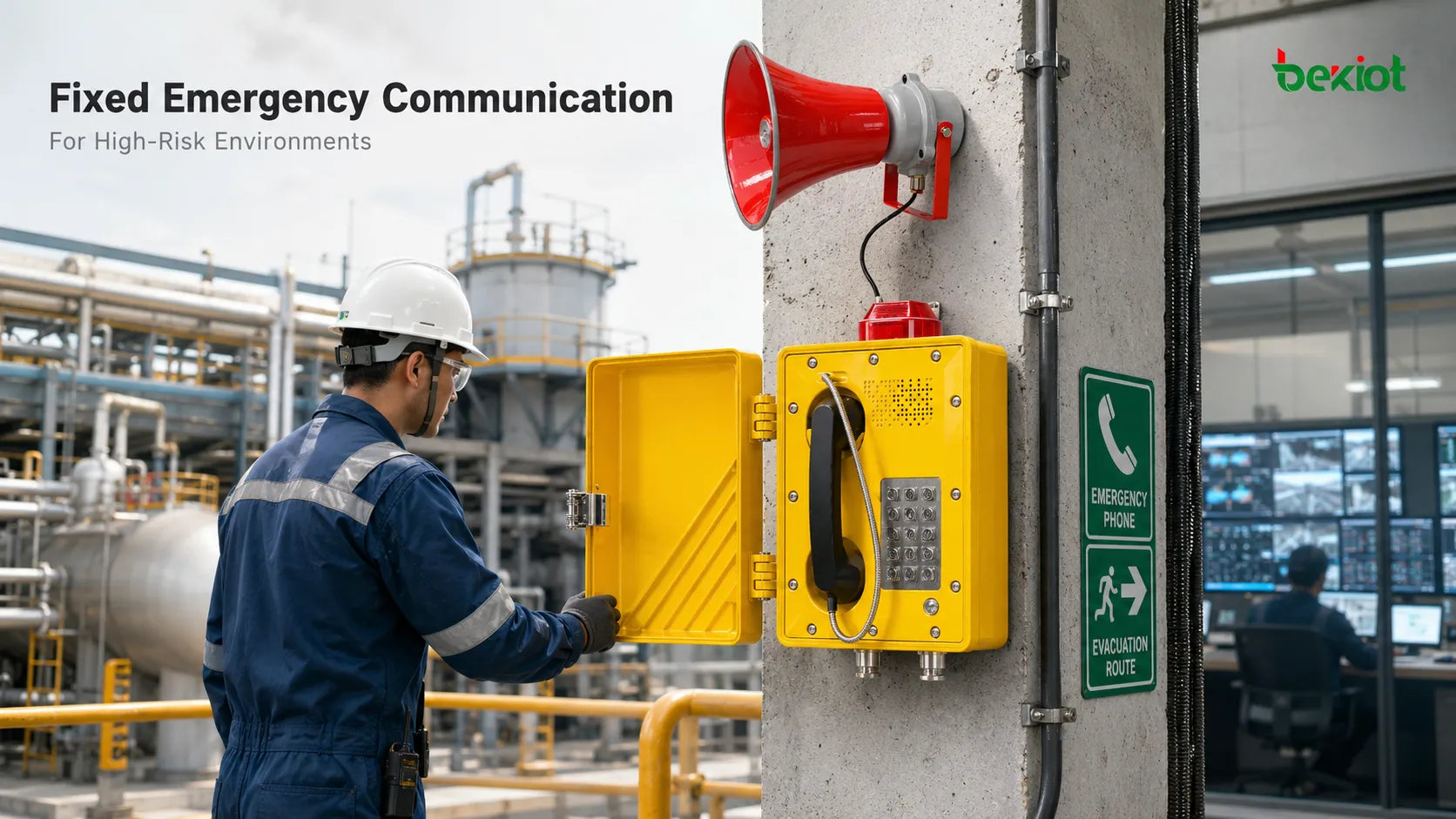 Teléfono antideflagrante en un entorno de trabajo de alto riesgo en una refinería con tuberías, zona de tanques, señal de advertencia, punto de llamada de emergencia para trabajadores y comunicación de voz con la sala de control