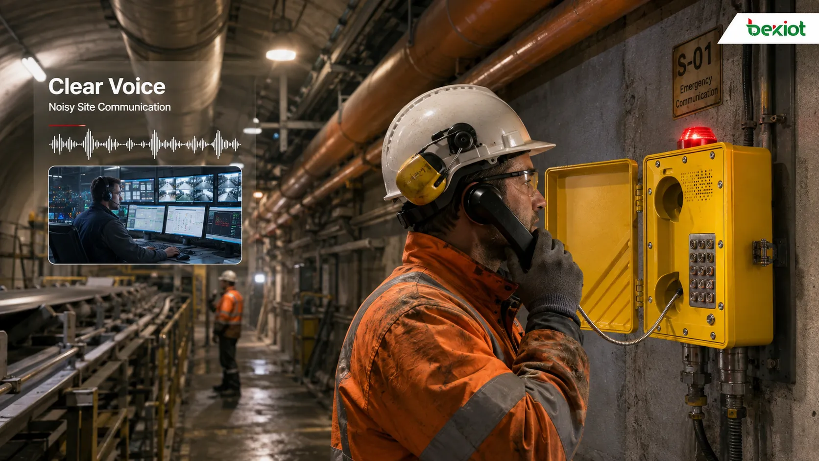 Teléfono antideflagrante que proporciona comunicación de voz clara en un lugar de trabajo industrial ruidoso con maquinaria, eco de túnel, trabajador con auricular y operador de sala de control