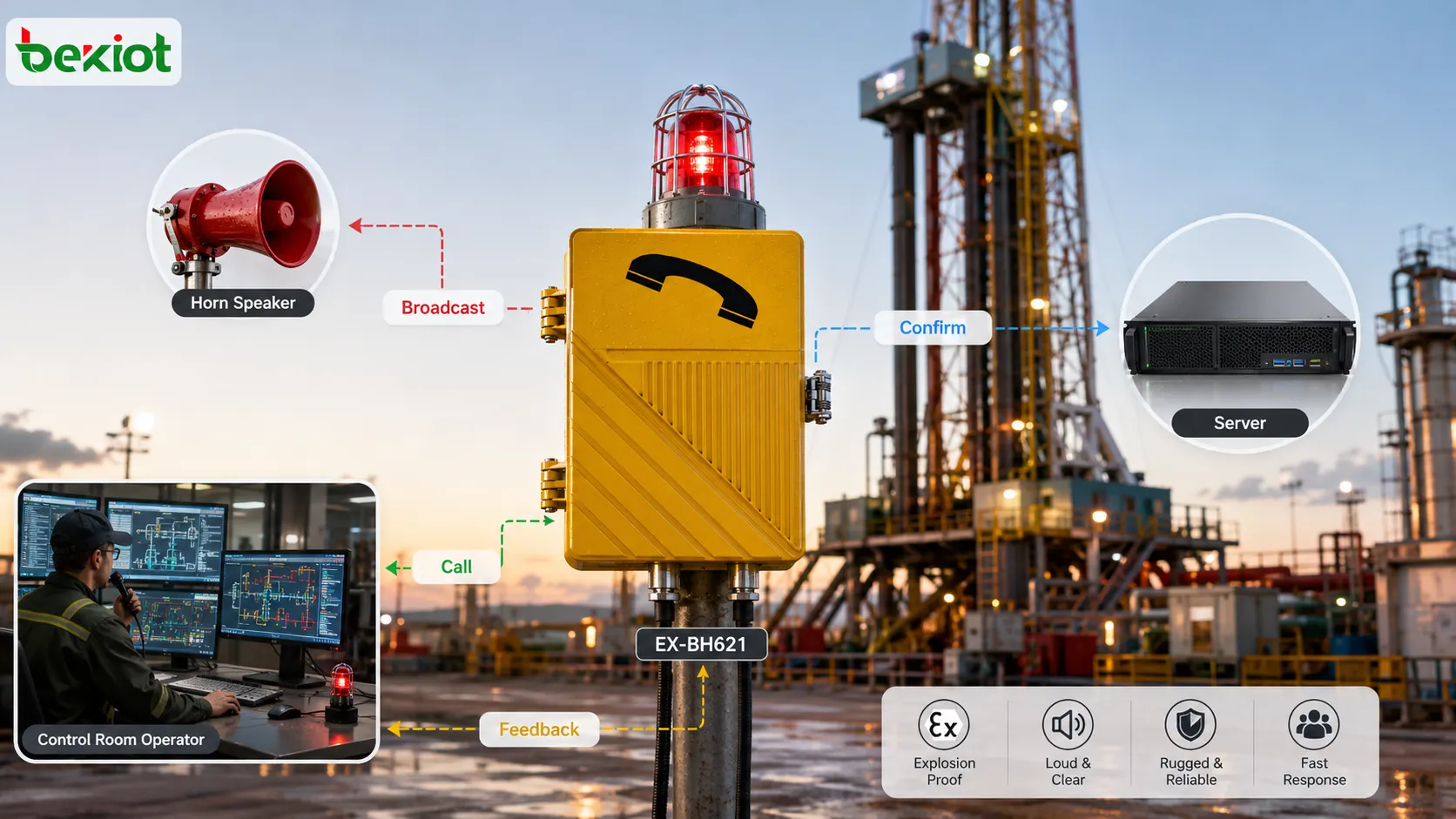 Estación antideflagrante de llamada y megafonía de petróleo y gas formando un ciclo cerrado de comunicación con llamada de una tecla, confirmación de sala de control, difusión por zonas, integración de alarmas y respuesta de campo