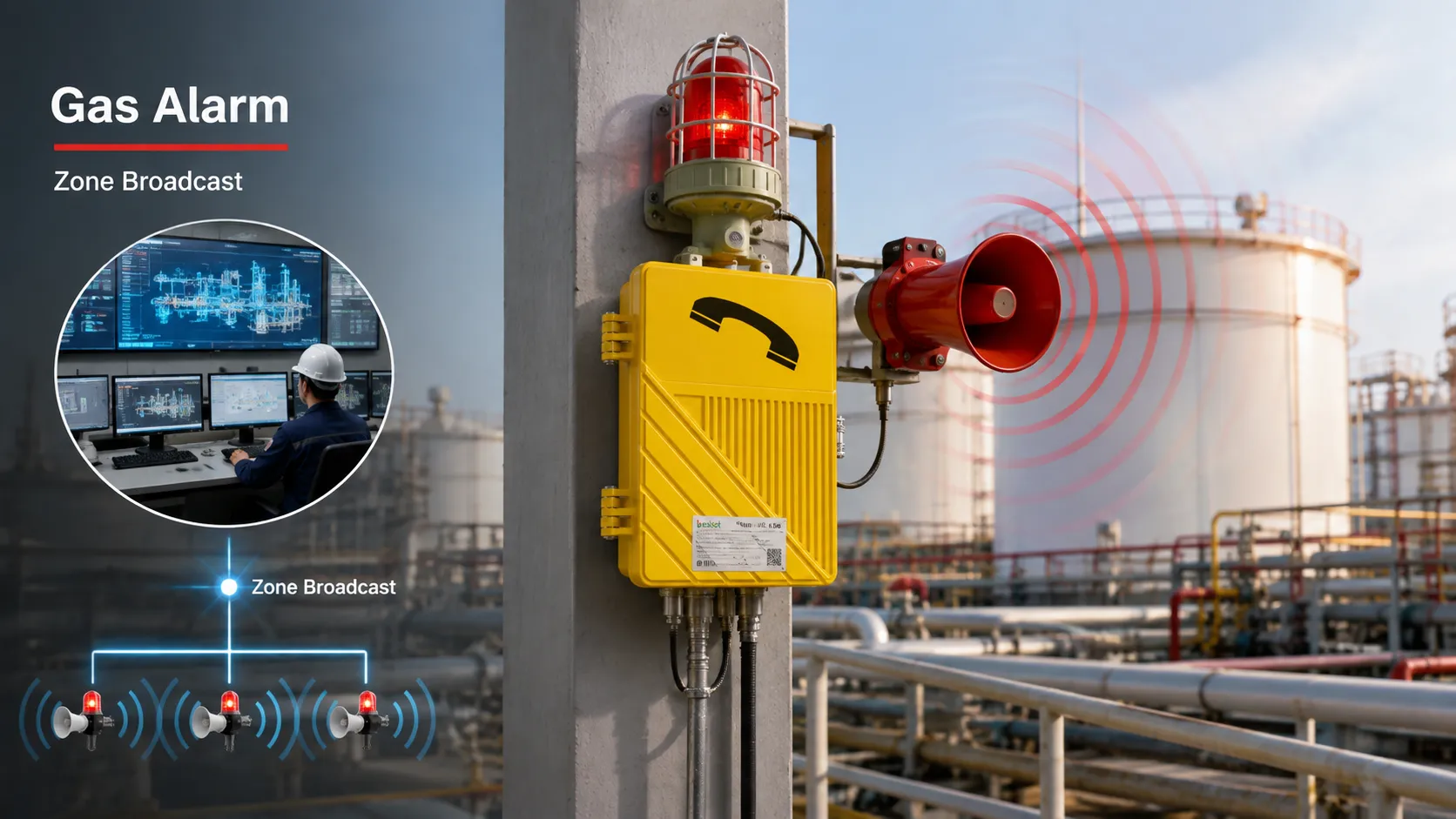 Estación antideflagrante de llamada y megafonía de petróleo y gas vinculada con detección de gas, alarma de incendios, aviso acústico y luminoso, plataforma de sala de control y flujo de emergencia por zonas