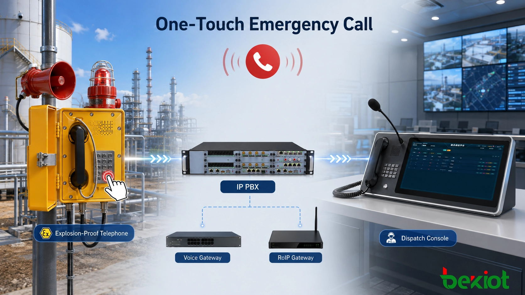 Llamada de emergencia con un solo toque desde un teléfono antiexplosivo hacia IP PBX y consola de despacho