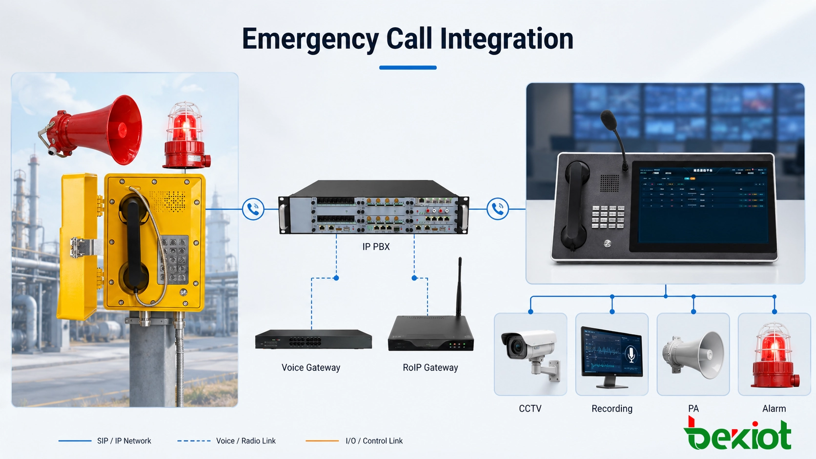 Integración de llamada de emergencia de teléfono antiexplosivo con grabación, CCTV, megafonía y alarmas acústicas/visuales