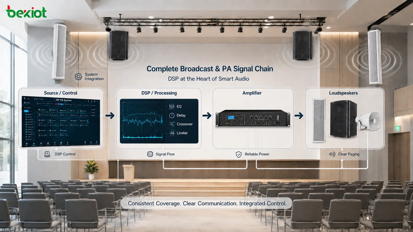 Sistema profesional de megafonía y PA que utiliza DSP para ecualización retardo crossover limitación y cobertura sonora uniforme