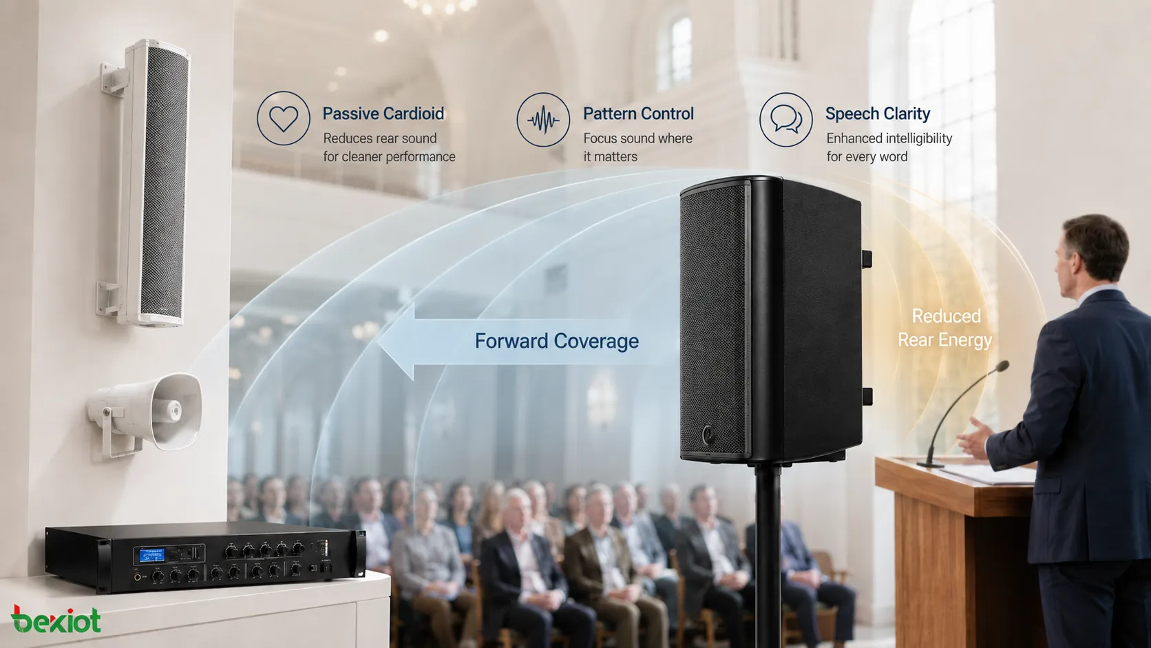 Altavoz cardioide pasivo que controla la energía de baja frecuencia hacia atrás en una iglesia y reduce sonido no deseado en la cobertura