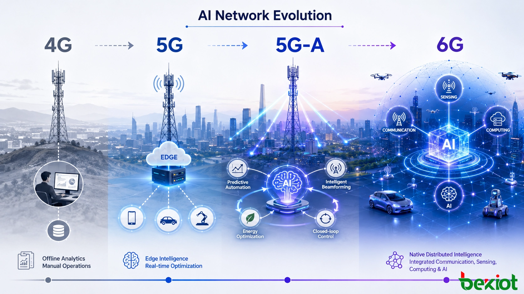 Evolución de la IA en redes móviles 4G, 5G, 5G-Advanced y 6G